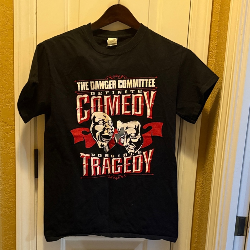 Black Graphic T-Shirt with Comedy Tragedy Print